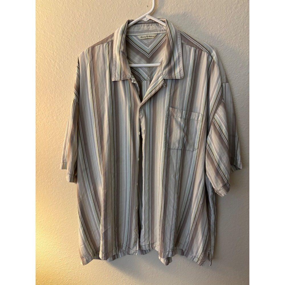 Tommy Bahama Mens Short Sleeve Shirt Beige Brown Striped Camp XL Silk A1213